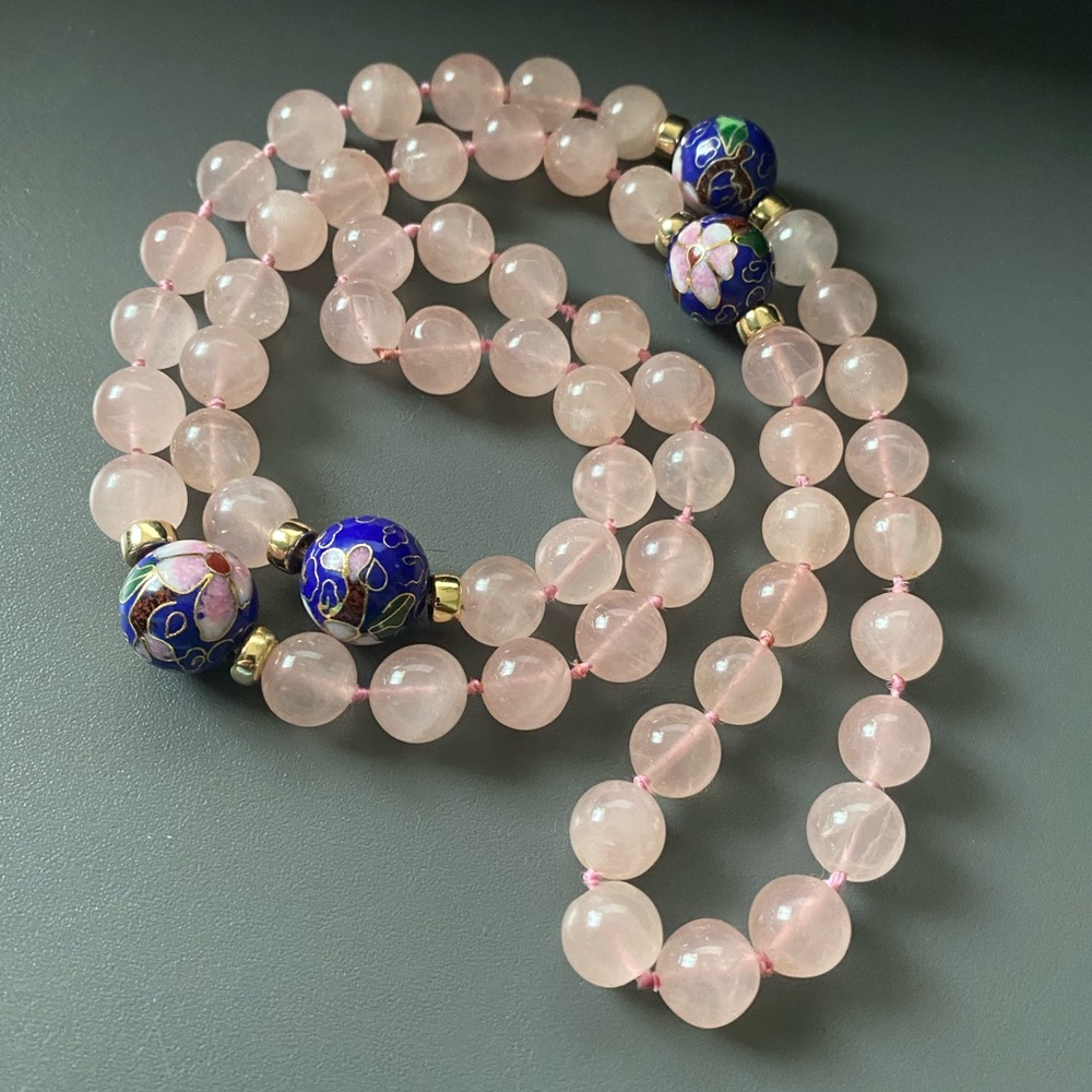 Vintage Rose Quartz and Cloisonné Hand Knotted Beaded Necklace